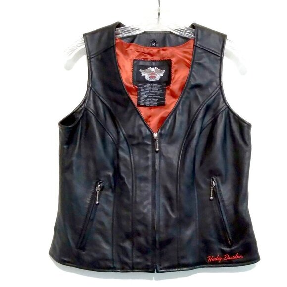 Women's Black Leather Classic Wing Signature Zip Up Moto Vest  As New Sz M - Picture 1 of 9